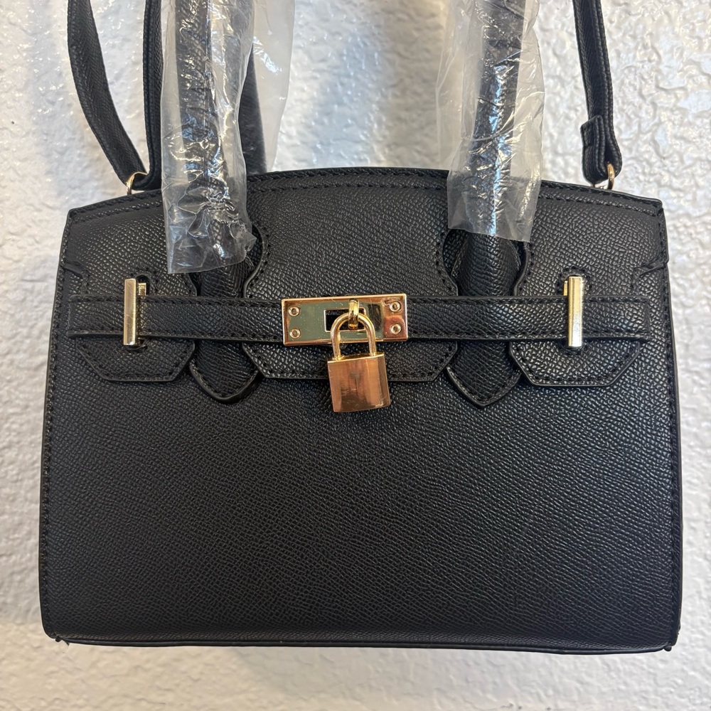 Black Structured Top Handle Satchel Handbag‎ Women Faux Leather Gold Lock